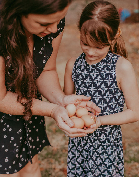 Hayley and daughter Alice collect eggs from their free range chickens on their farm in Roleystone, Perth Western Australia